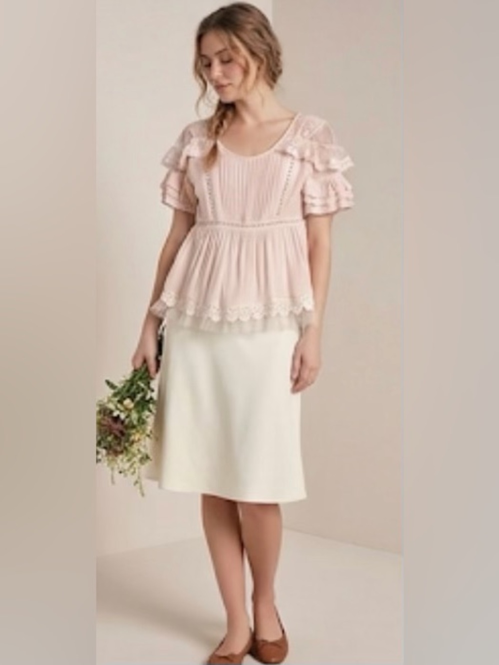 Pol Women’s Dusty Rose Flowing Babydoll Top with Lace Trim & Pintuck Front